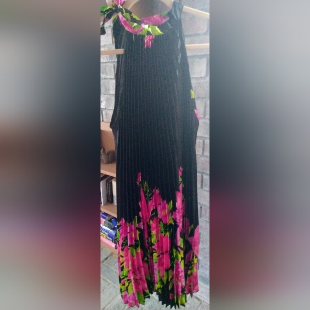 Deep Los Angeles Tie-back Pleated Black Pink Hibiscus Print Dress Sz. Large